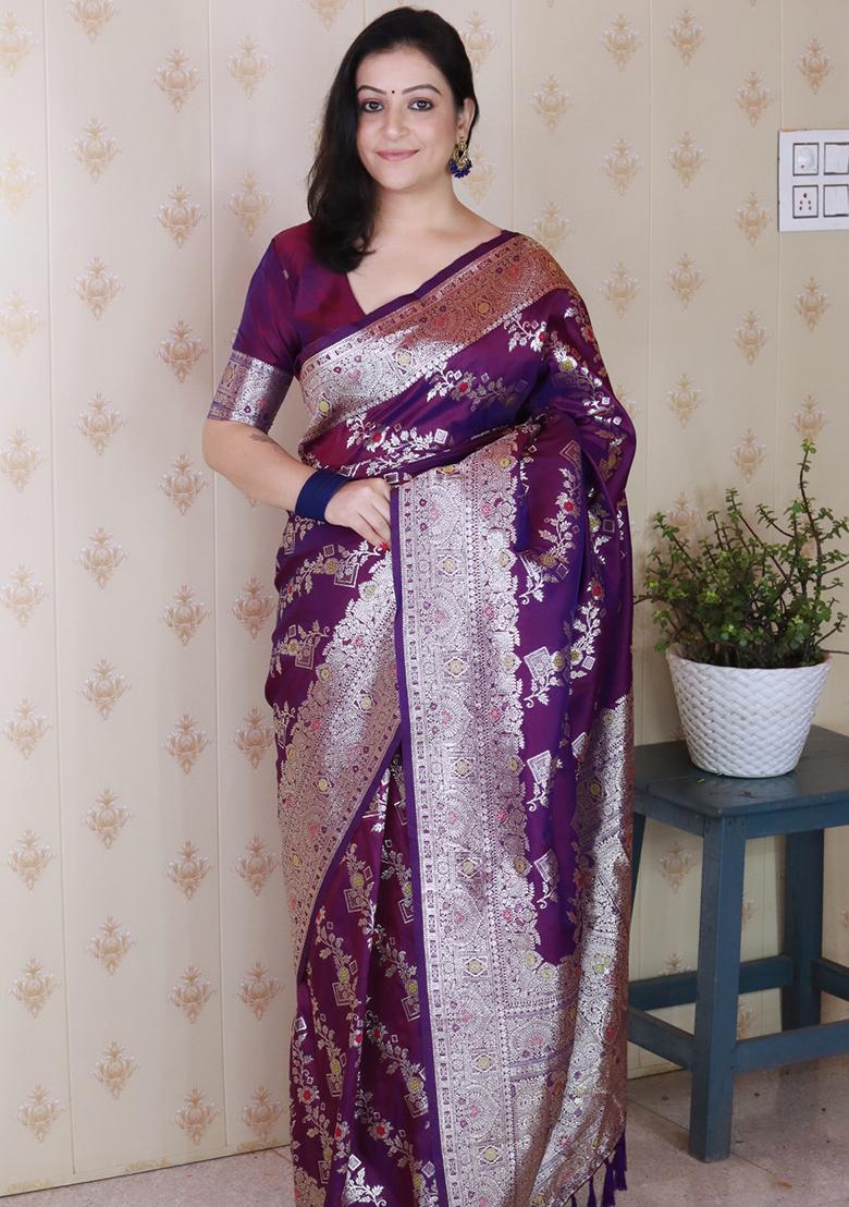 Purple Woven Silk Saree Set - Indya