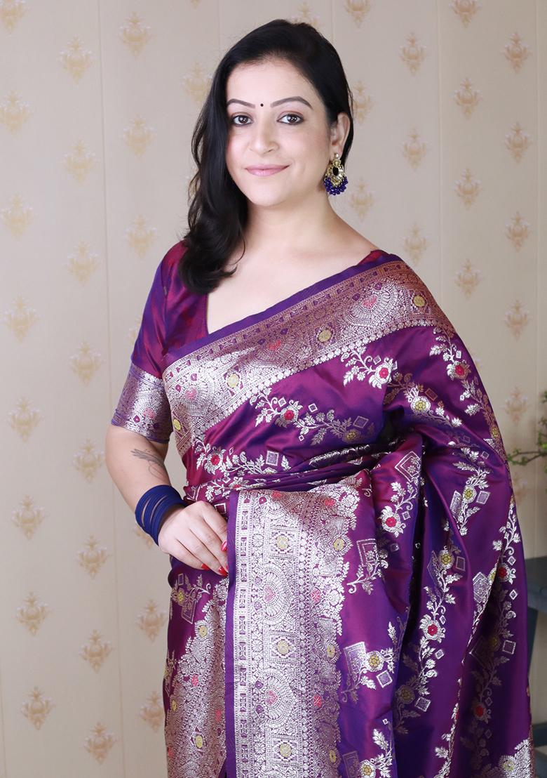 Purple Woven Silk Saree Set - Indya