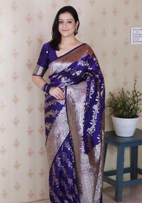 Blue Woven Silk Saree Set