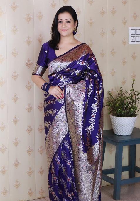 Blue Woven Silk Saree Set