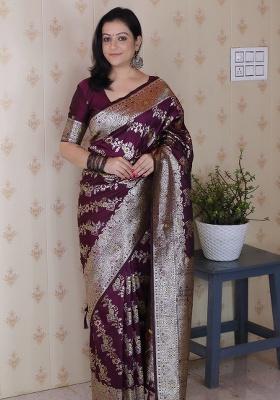 Wine Woven Silk Saree Set