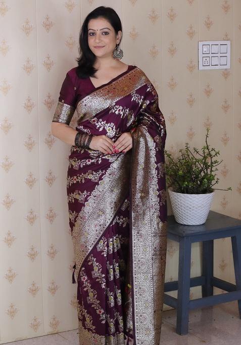 Wine Woven Silk Saree Set
