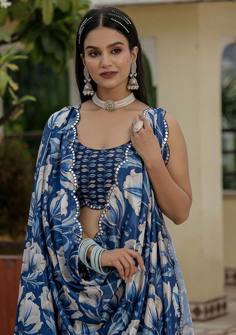 Blue Printed Chinon Saree Set - Indya