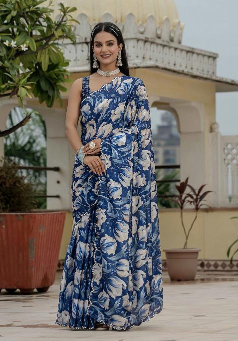 Blue Printed Chinon Saree Set