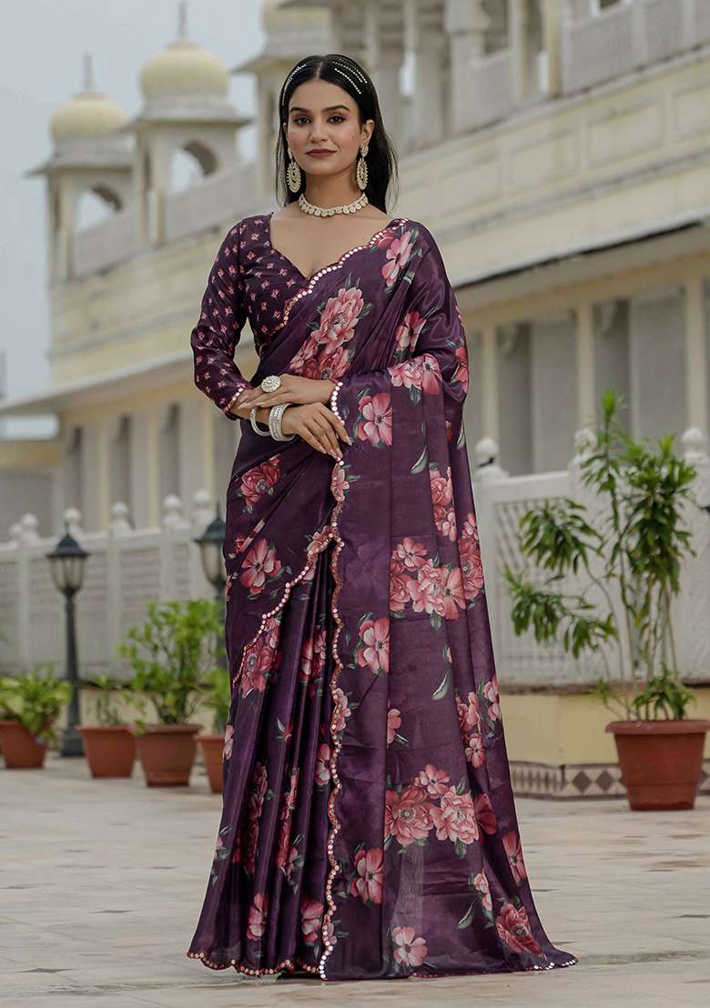 Purple Printed Chinon Saree Set for Diwali and Festive Wear - Indya