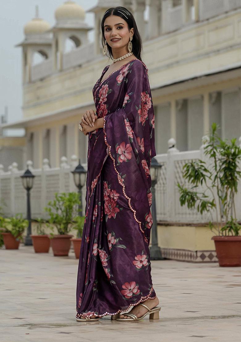 Purple Printed Chinon Saree Set - Indya
