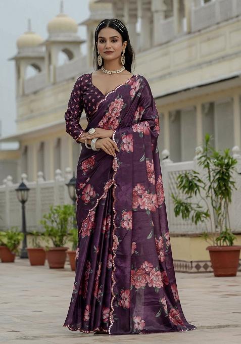 Purple Printed Chinon Saree Set