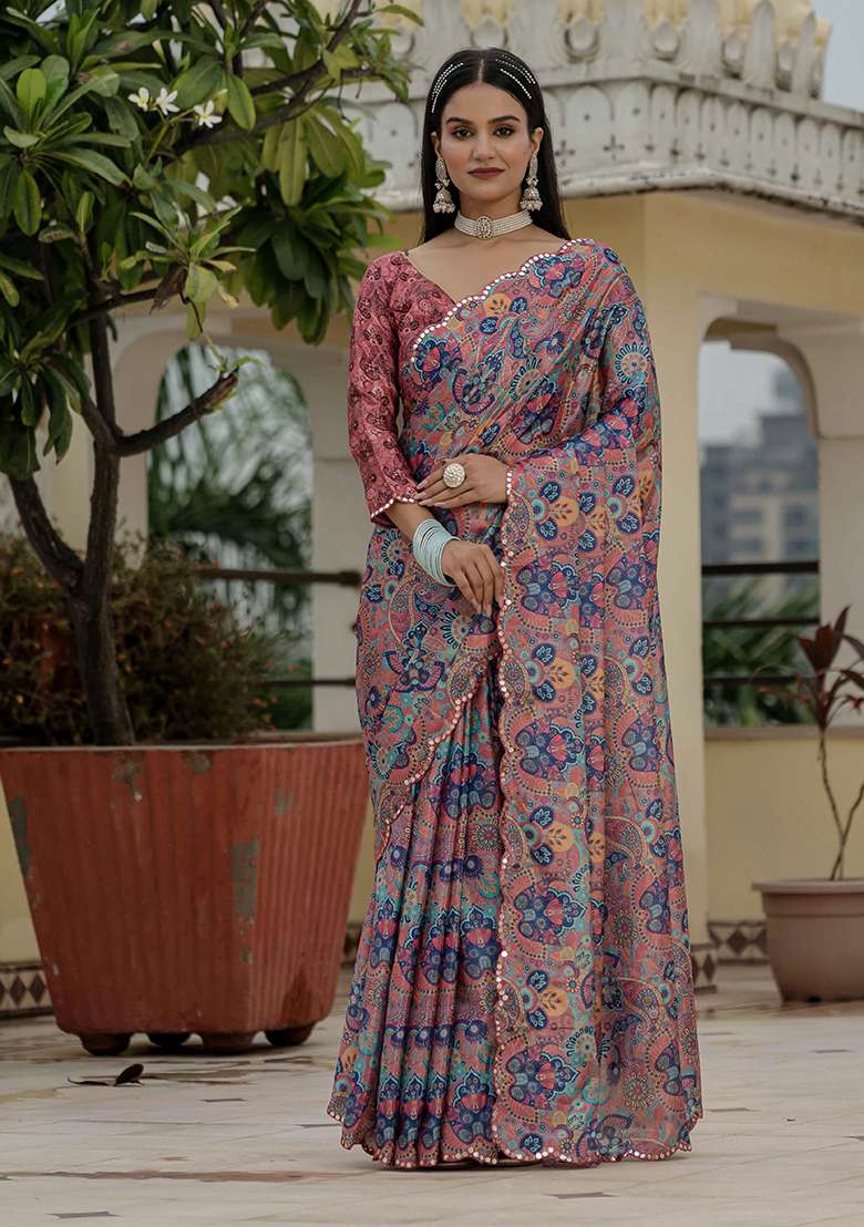 Multi Chinon Saree Set with Printed for Diwali | Wedding & Festive Wear - Indya