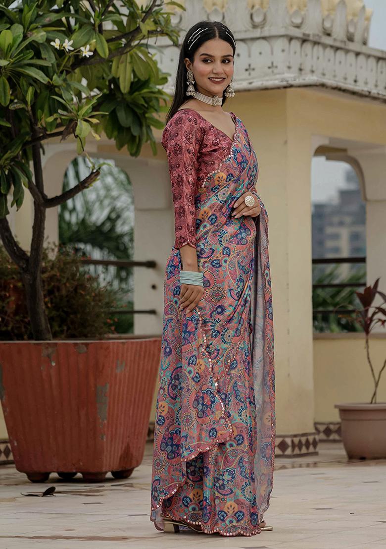 Multi Printed Chinon Saree Set - Indya
