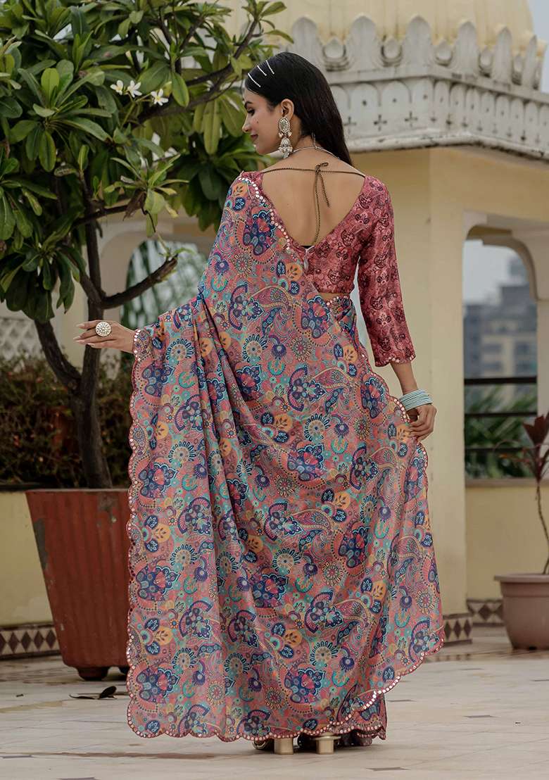 Multi Chinon Saree Set with Printed for Diwali | Wedding & Festive Wear - Indya