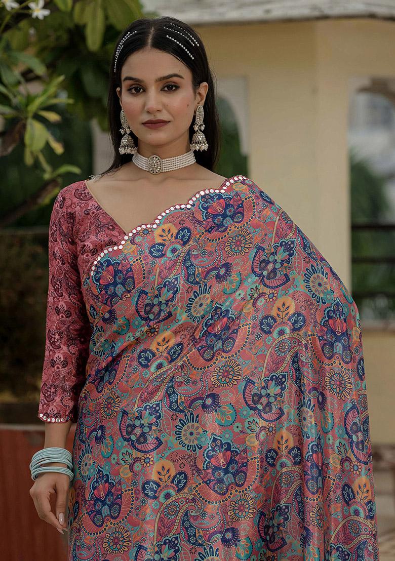 Multi Printed Chinon Saree Set - Indya