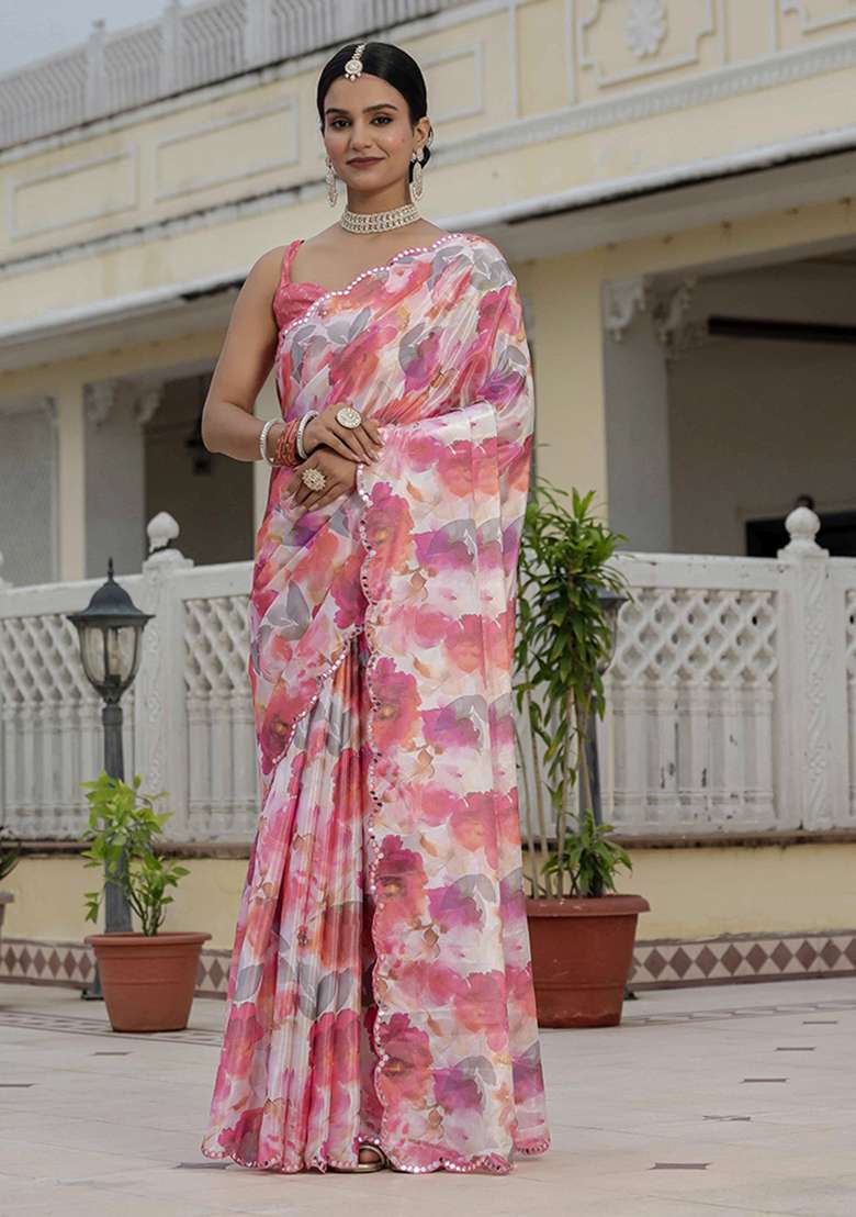 Multi Chinon Saree Set with Printed for Diwali | Wedding & Festive Wear - Indya