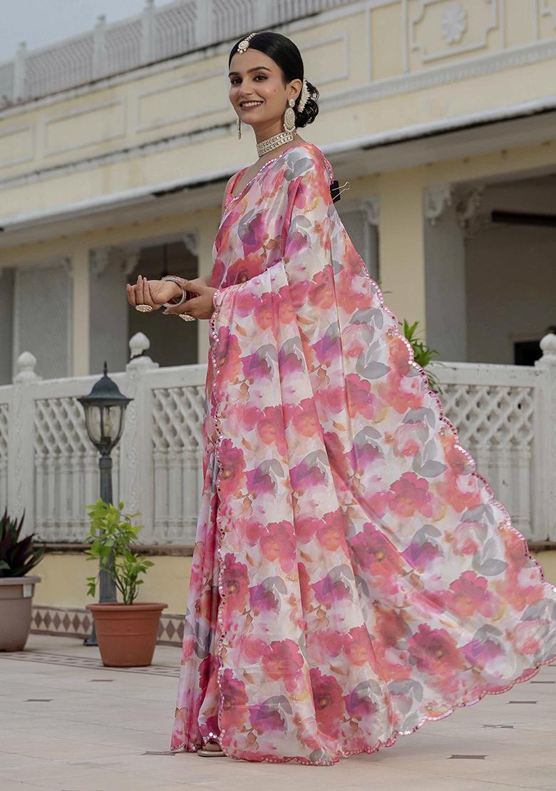 Multi Printed Chinon Saree Set - Indya