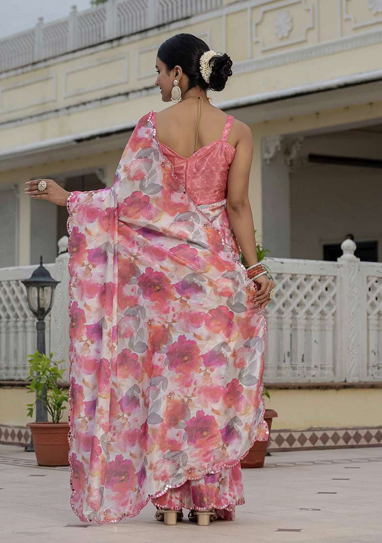 Multi Chinon Saree Set with Printed for Diwali | Wedding & Festive Wear - Indya