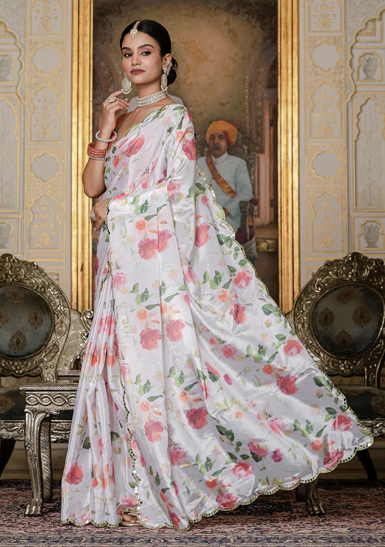 White Printed Chinon Saree Set - Indya