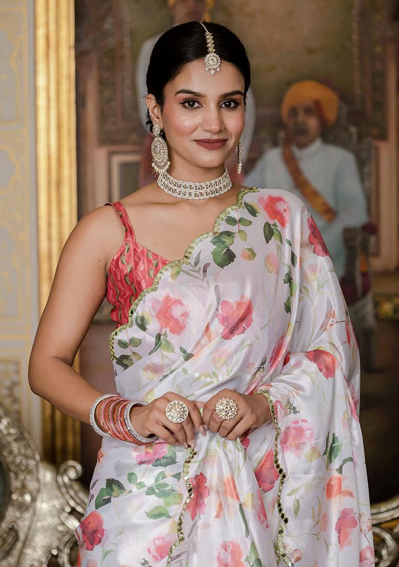 White Printed Chinon Saree Set - Indya