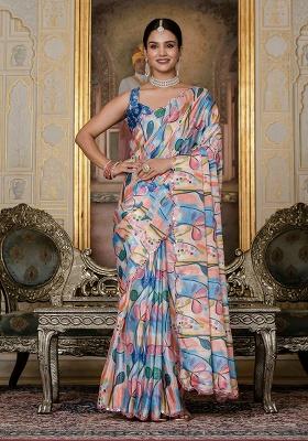 Multi Printed Chinon Saree Set