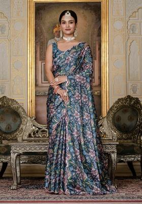 Green Printed Chinon Saree Set