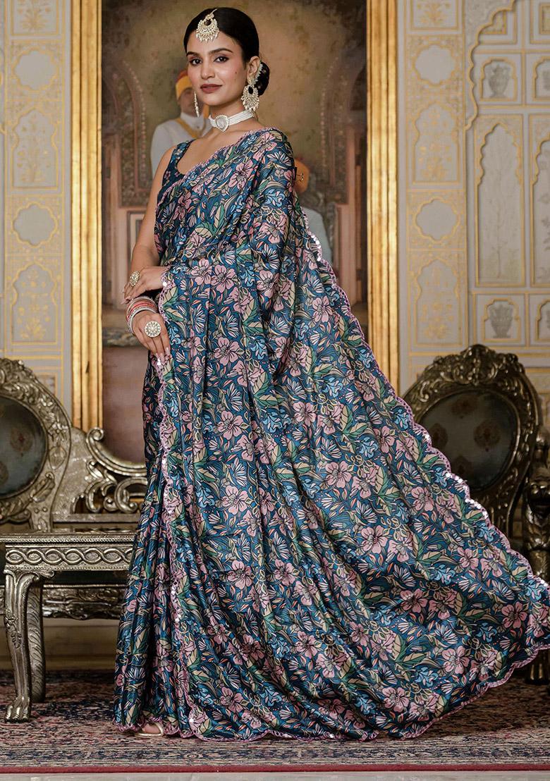 Green Printed Chinon Saree Set - Indya