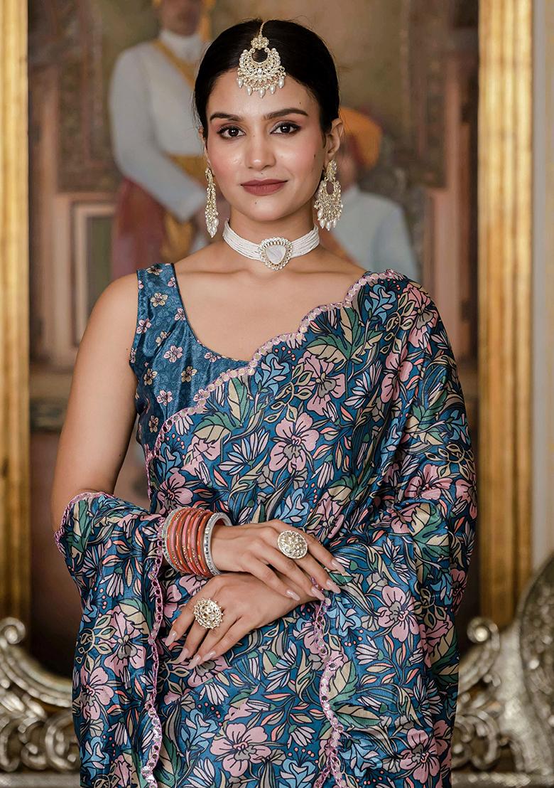 Green Printed Chinon Saree Set - Indya