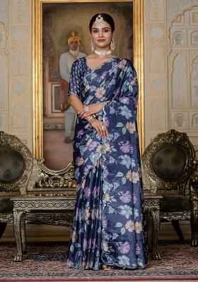 Lavender Printed Chinon Saree Set
