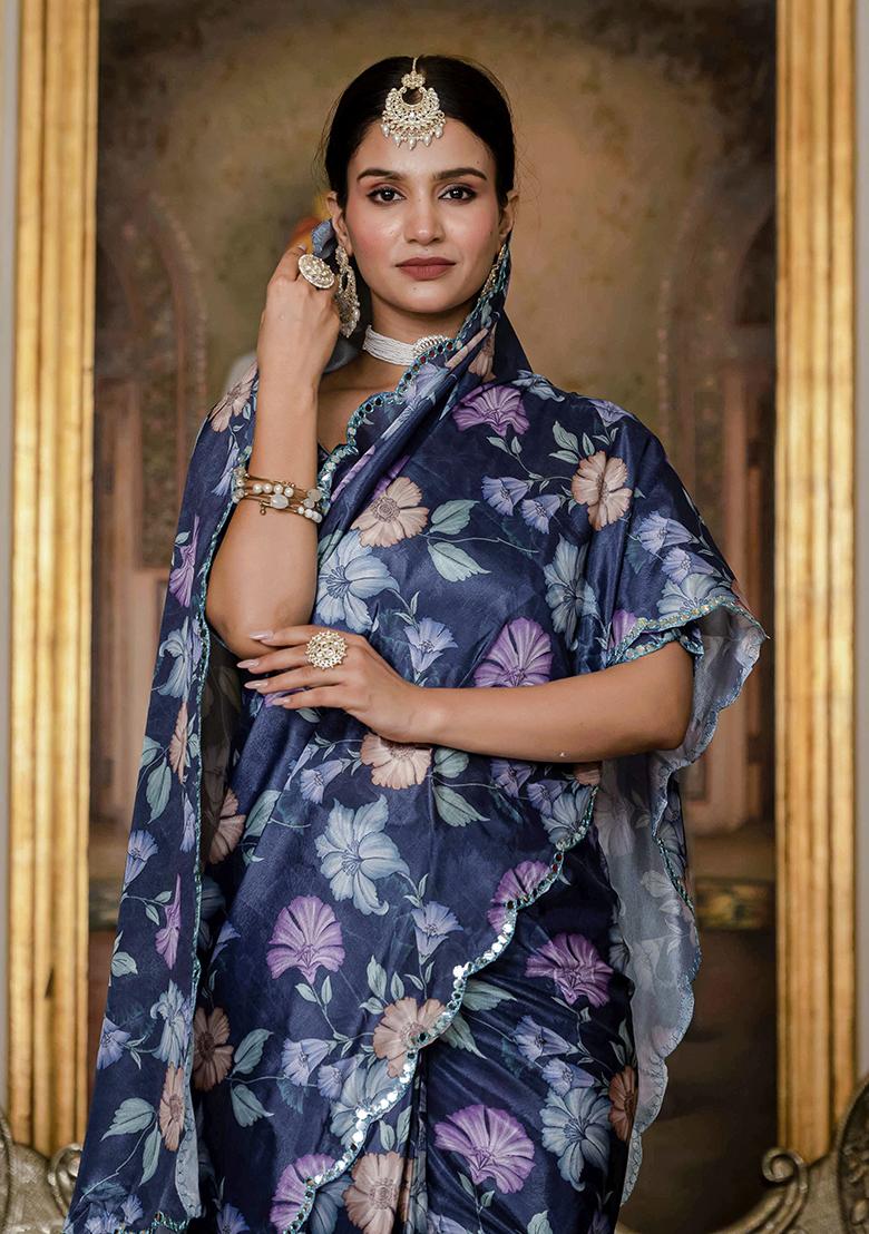 Lavender Printed Chinon Saree Set - Indya