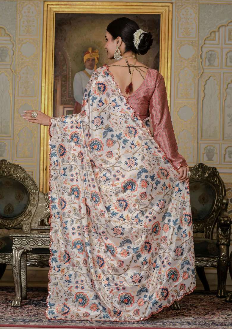 Cream Chinon Saree Set with Printed for Diwali | Wedding & Festive Wear - Indya