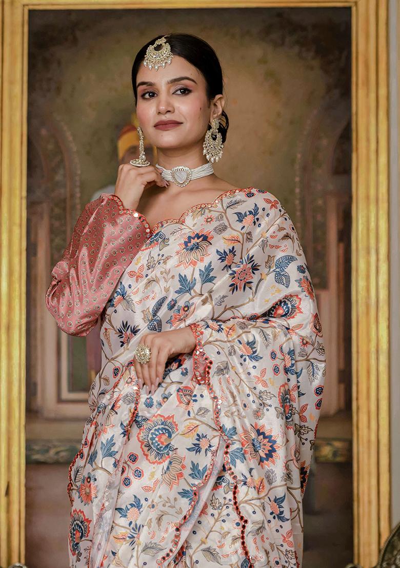 Cream Printed Chinon Saree Set - Indya