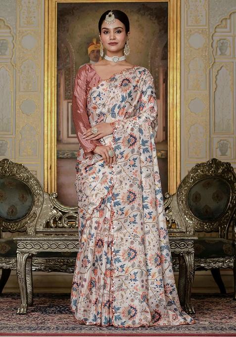 Cream Printed Chinon Saree Set