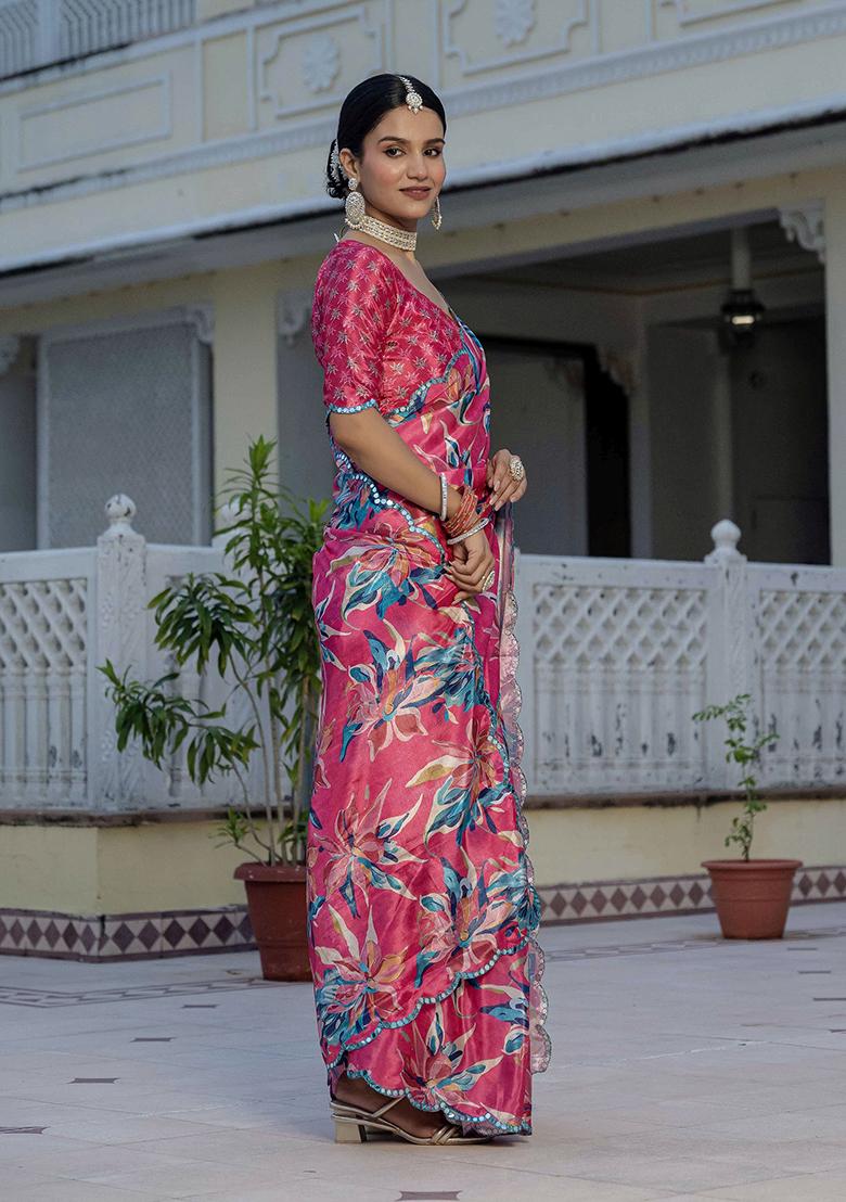 Pink Printed Chinon Saree Set - Indya