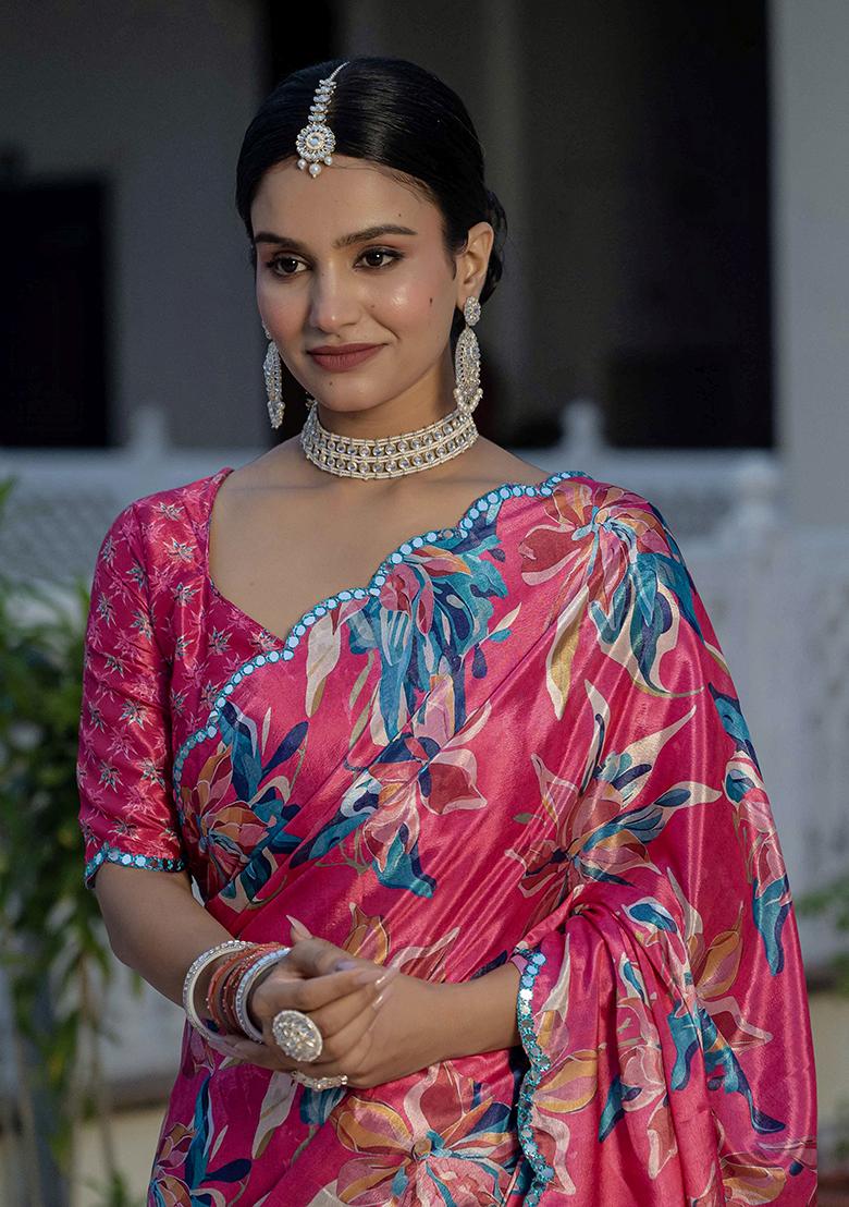 Pink Printed Chinon Saree Set - Indya