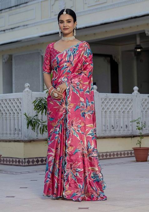 Pink Printed Chinon Saree Set