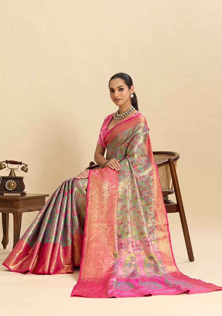 Pink Woven Silk Saree Set - Indya