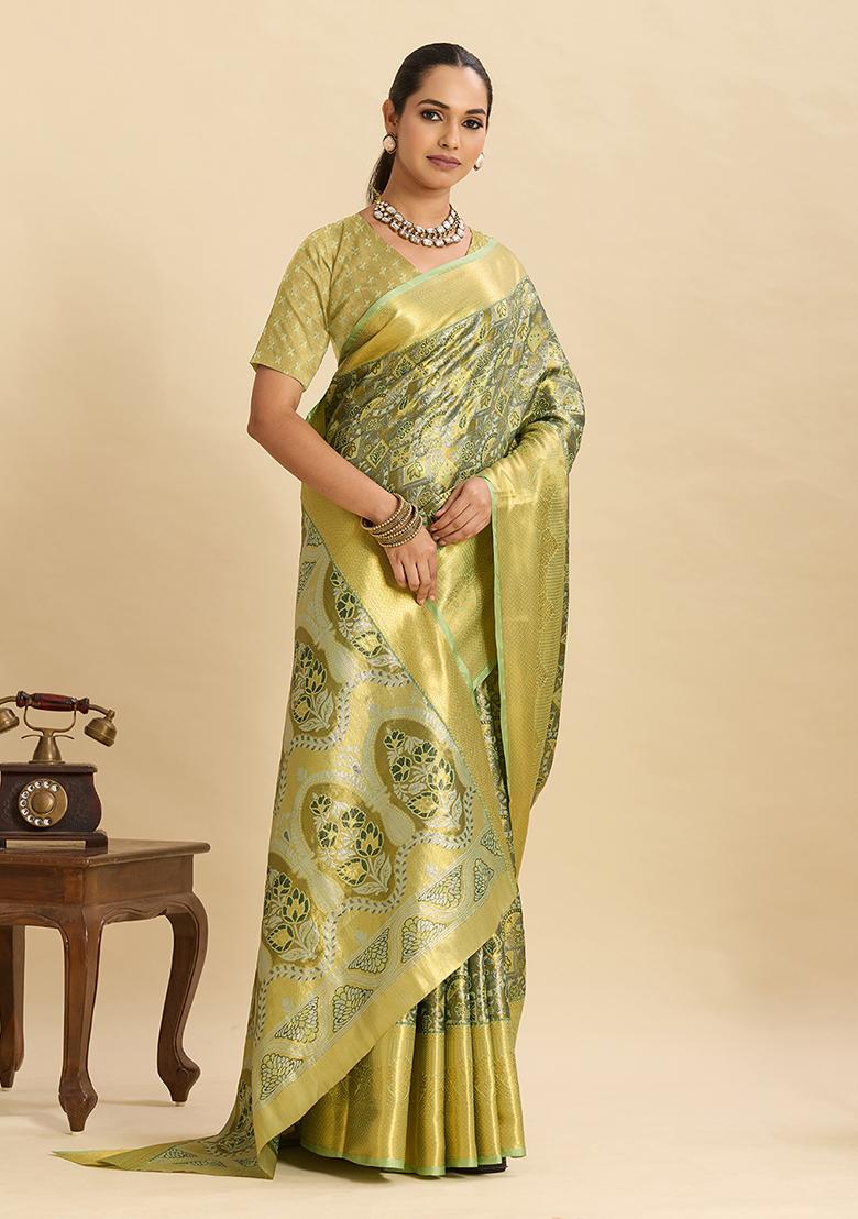 Green Woven Silk Saree Set - Indya