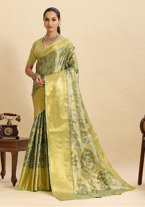 Green Woven Silk Saree Set