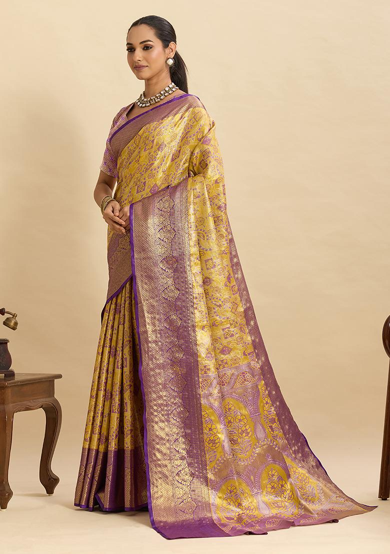 Violet Woven Silk Saree Set - Indya