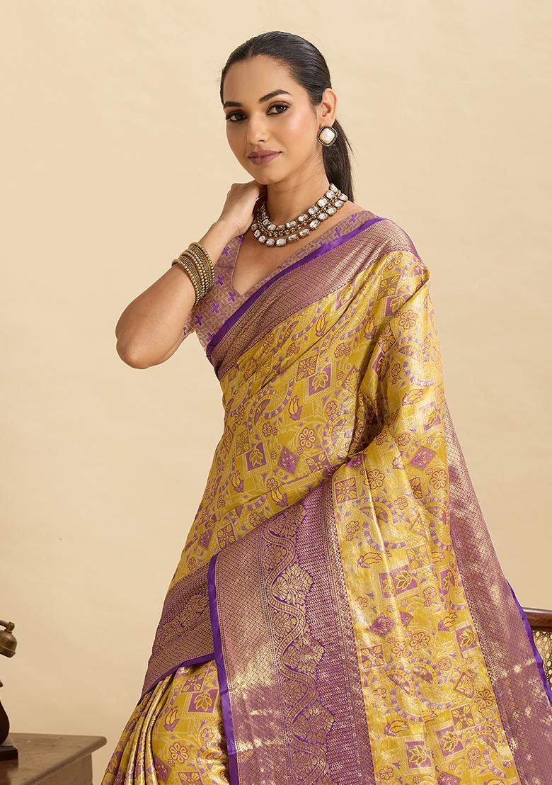 Violet Woven Silk Saree Set - Indya