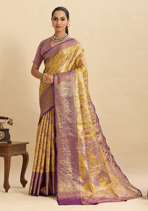 Violet Woven Silk Saree Set