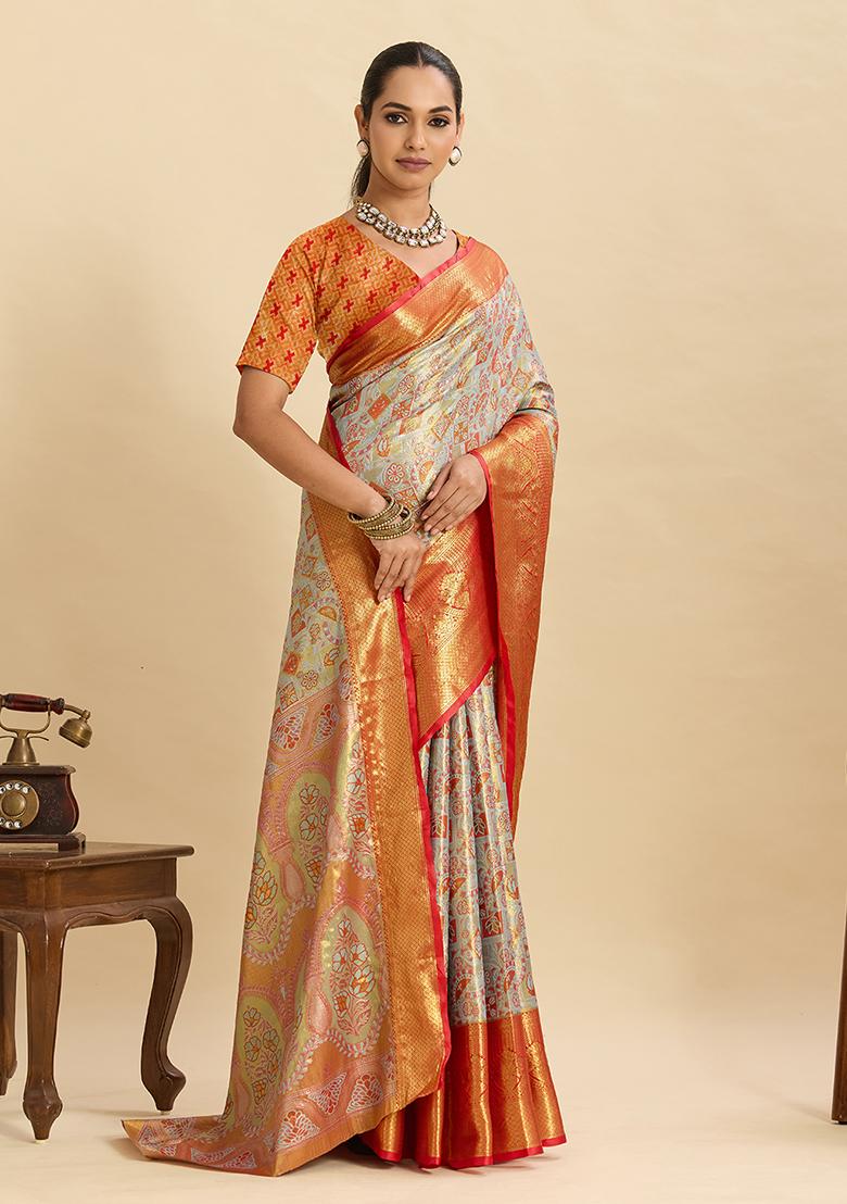 Red Woven Silk Saree Set - Indya
