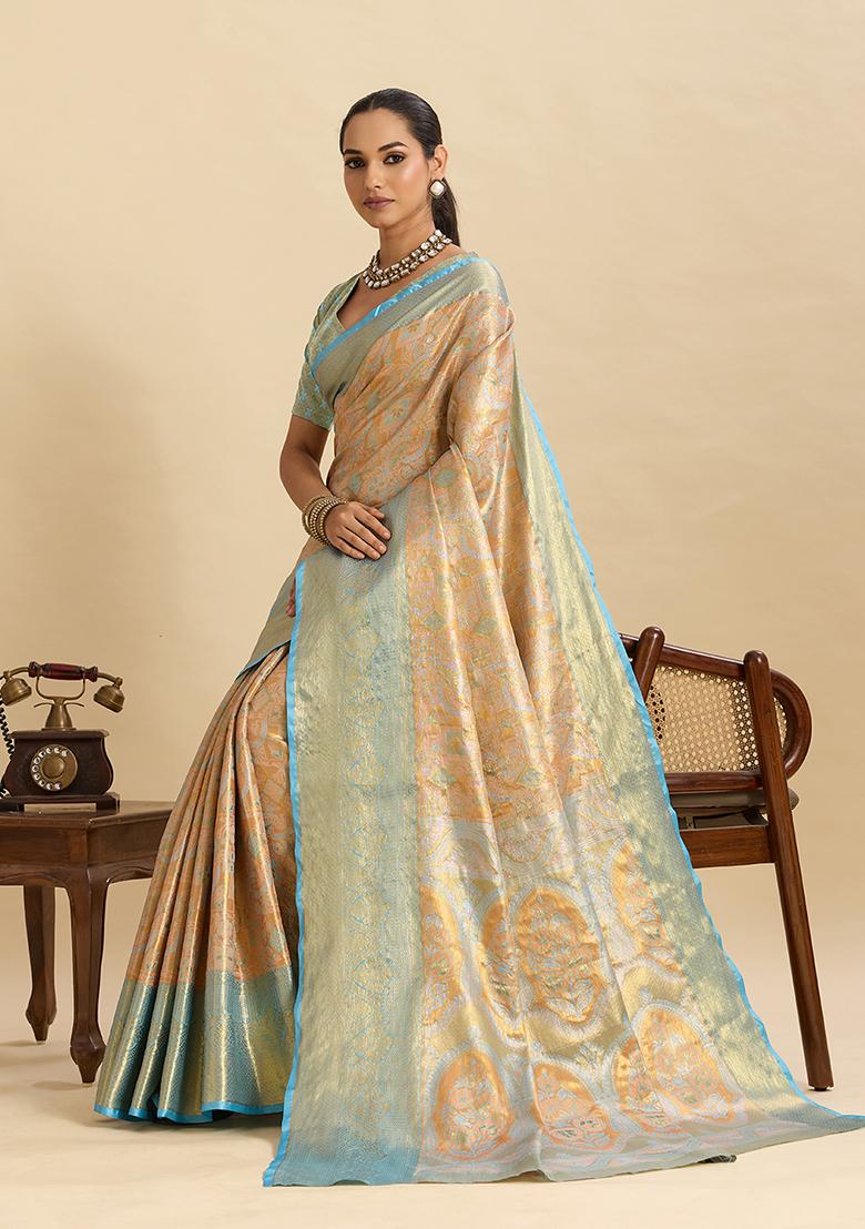 Blue Woven Silk Saree Set - Indya