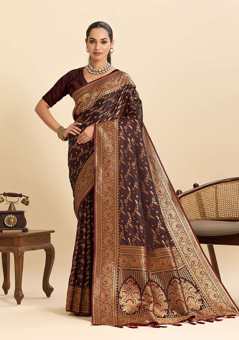 Coffee Woven Silk Blend Saree Set for Diwali and Festive Wear - Indya