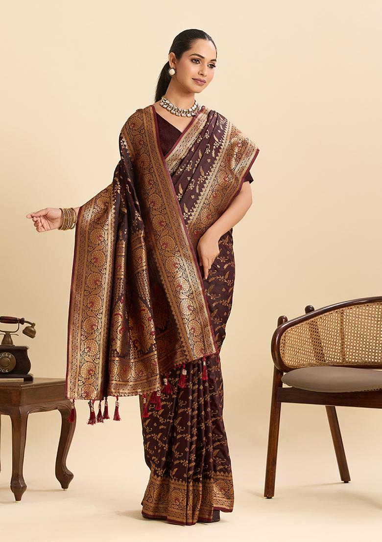Coffee Woven Silk Saree Set - Indya