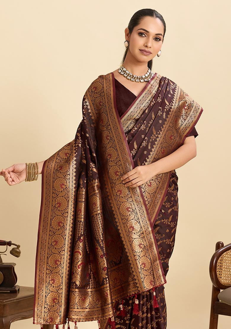 Coffee Woven Silk Saree Set - Indya