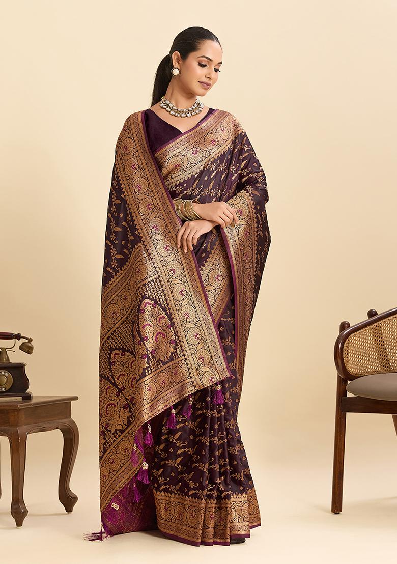 Wine Woven Silk Saree Set - Indya