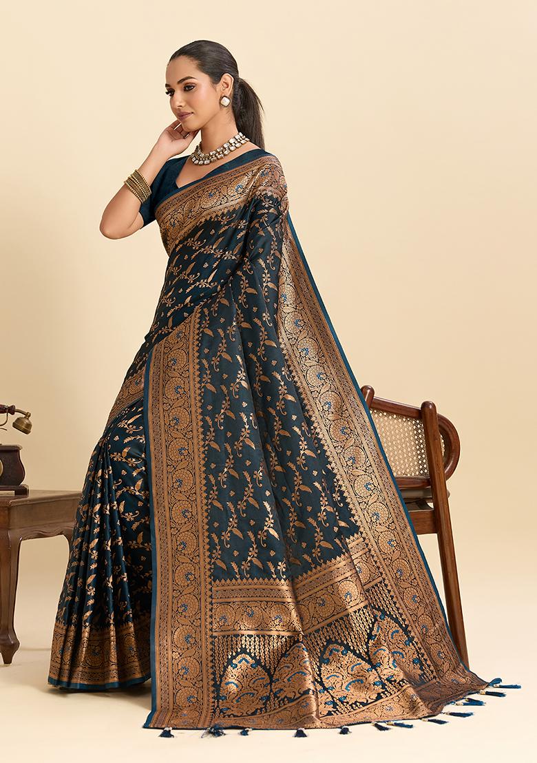 Teal Woven Silk Saree Set - Indya