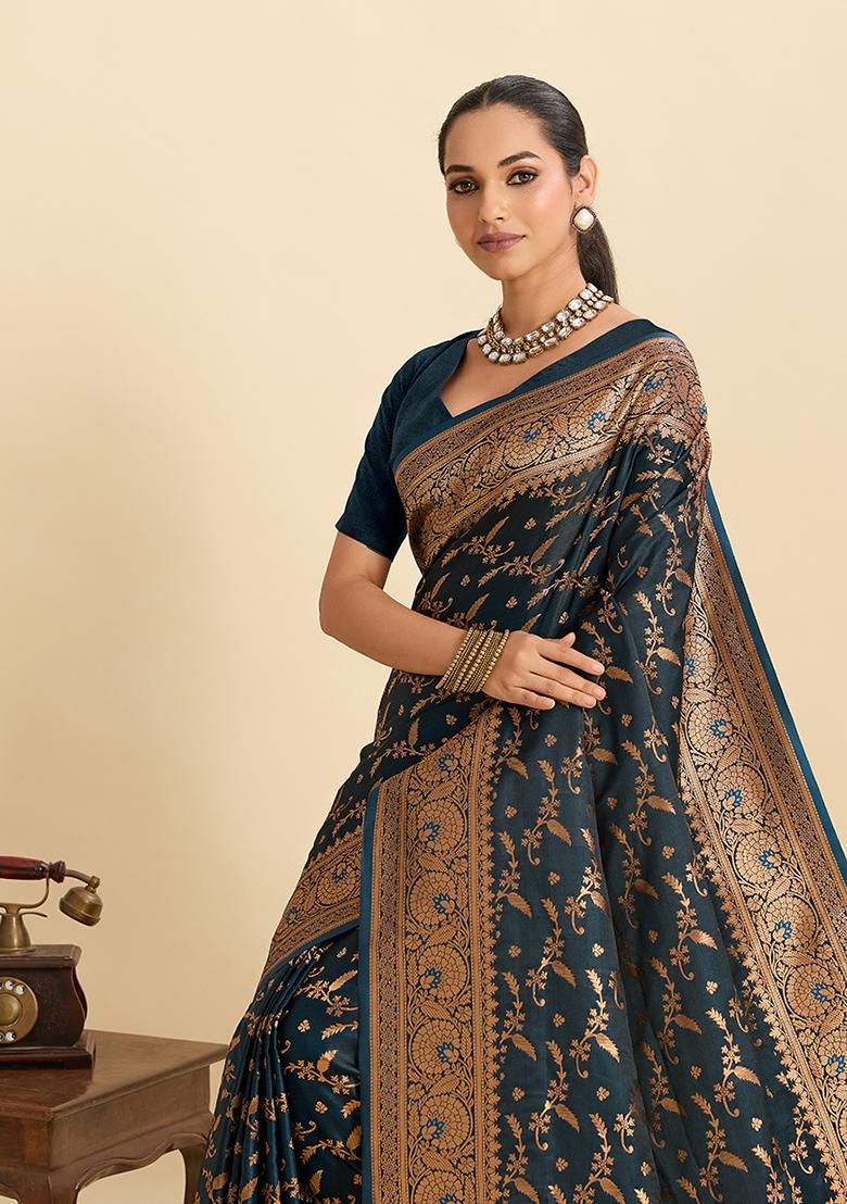 Teal Woven Silk Saree Set - Indya