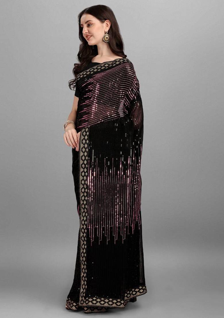 purple sequence Georgette Saree Set - Indya