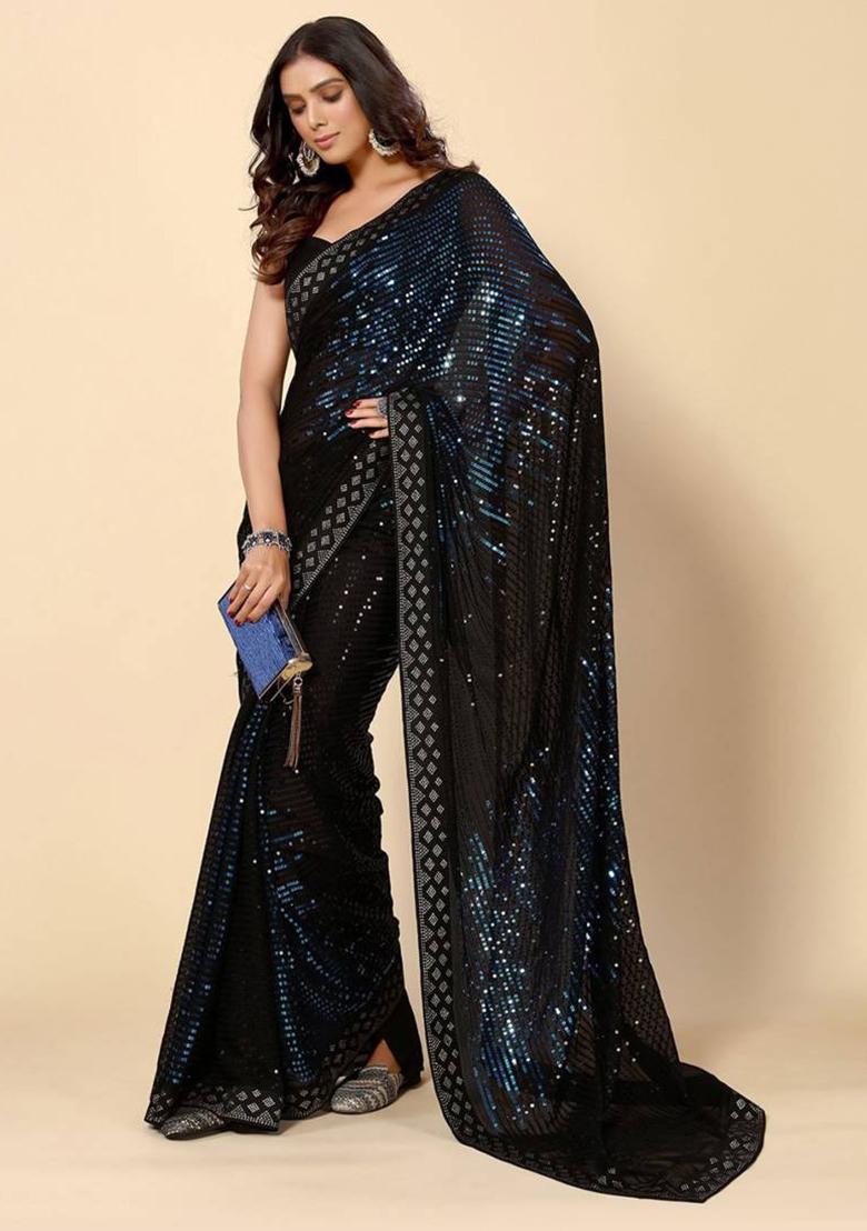 blue sequence Georgette Saree Set - Indya