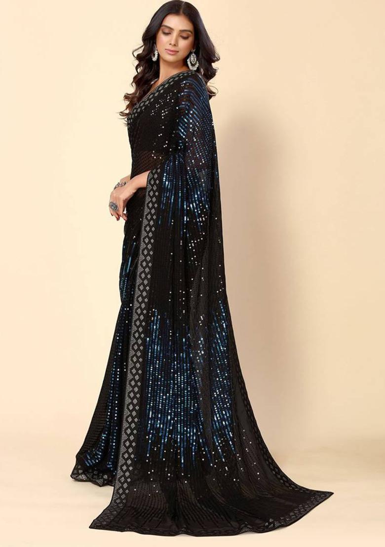 blue sequence Georgette Saree Set - Indya