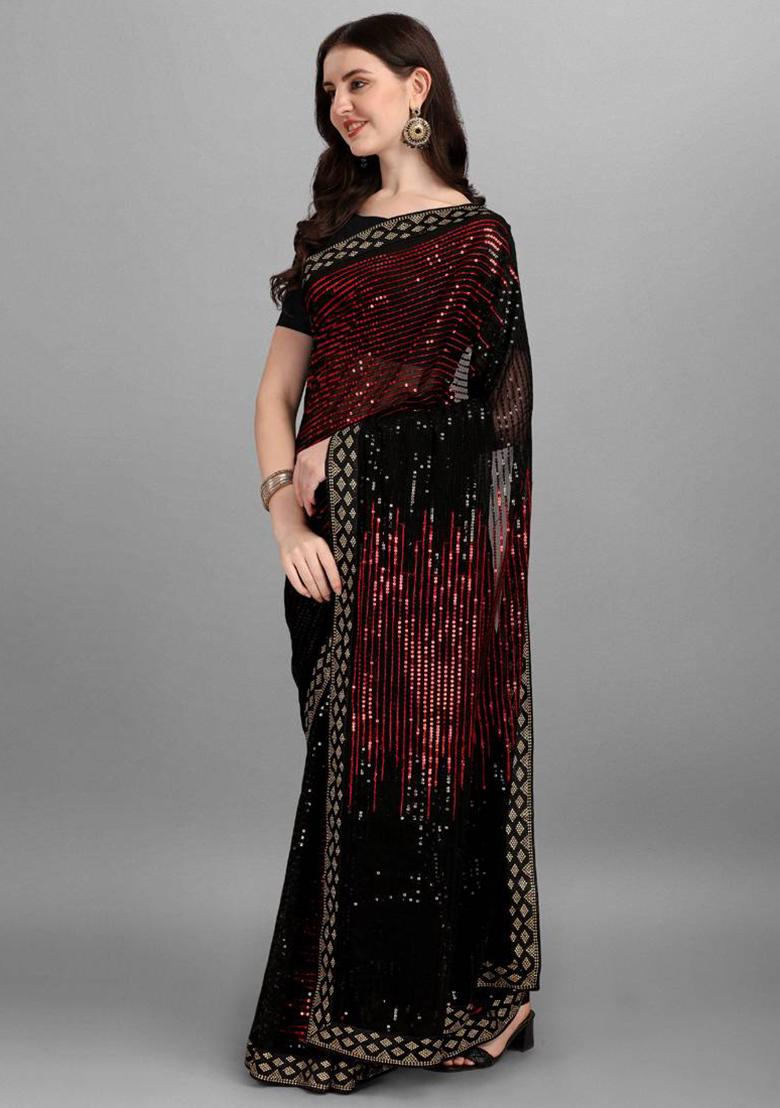 red sequence Georgette Saree Set - Indya
